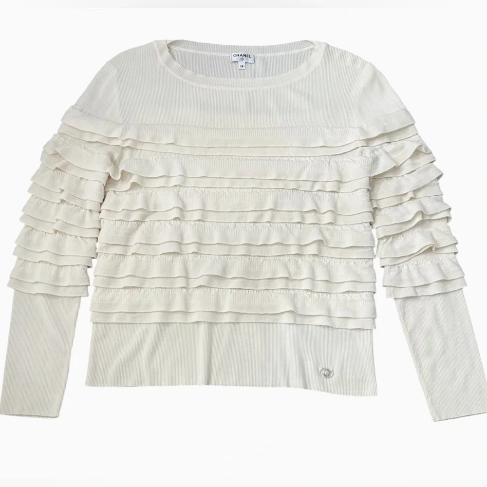 Chanel Sweater Soft Wool Womens 38 (6) Cream Ruffle Tiered Logo Pullover France